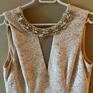 ELIZA J. Baby pink. Wedding dress. Lace overlay. Cut above the knee.